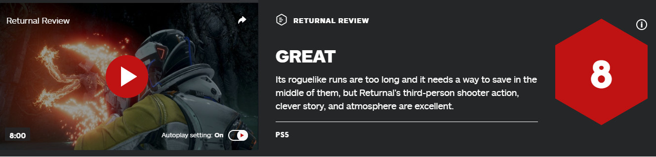 PS5独占游戏《Returnal》首批评分解禁 IGN8分，大写