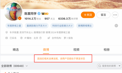 汽车大V陈震被多平台禁言 总粉丝超2400万
