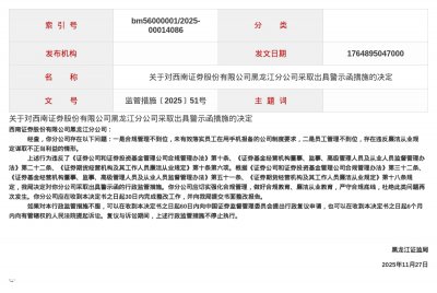 西南证券黑龙江分公司被出具警示函，涉合规管