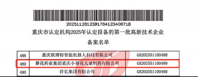 重庆葵花顺利通过国家高新技术企业复审