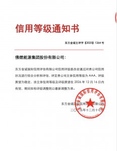 喜讯！佛燃能源获东方金诚AAA主体信用评级