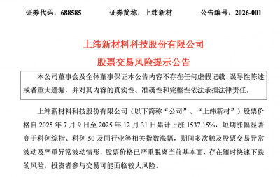 累计上涨1537.15% 上纬新材再次提示股票交易风险