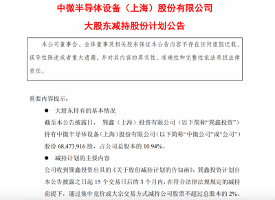 中微公司：股东及高管拟合计减持不超2.05%公司股