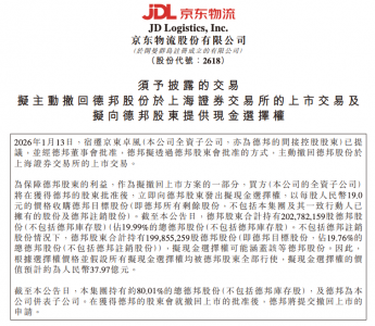 京东物流拟私有化德邦股份并促其退市 现金选择