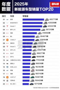 2025新能源车销量TOP20出炉：比亚迪9款霸榜，小米