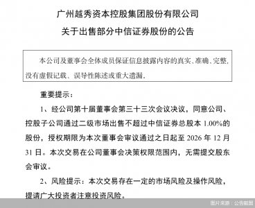 越秀资本:拟出售中信证券不超过总股本1%股份