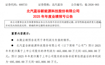 2025年预亏至少43.5亿元，北汽蓝谷：规模效益尚未