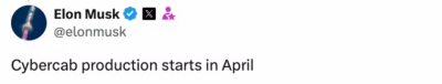 马斯克确认特斯拉Cybercab将于4月量产 正进行冬季