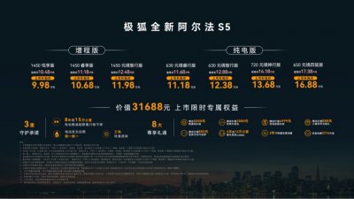 纯电720km/增程1450km 极狐全新阿尔法S5正式上市：