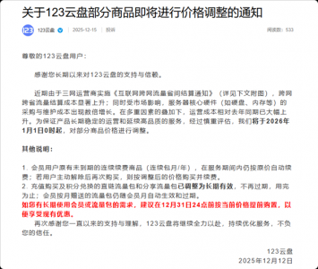 123云盘率先提价、B端涨幅超30%，个人网盘会员“