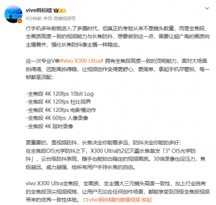 vivo X300 Ultra支持全焦段4K 120帧+3°