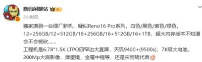 OPPO Reno 16 Pro系列配置曝光：搭载2亿像素大底主摄