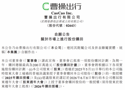 曹操出行拟回购最高2亿港元股份，称当前股价未