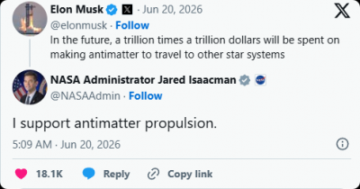 马斯克联手NASA局长力挺反物质飞船：能量效率超