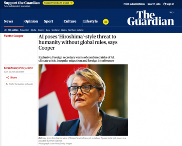 英外交大臣发严厉警告：AI失控危害堪比广岛核爆