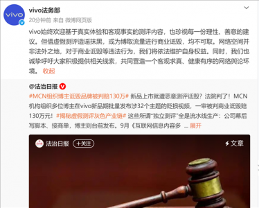 130万元判赔！vivo起诉“黑测评”胜