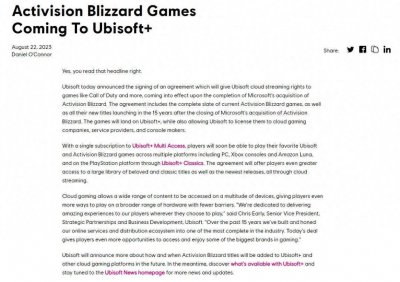 重磅！育碧与微软签署协议 动视暴雪游戏将登陆