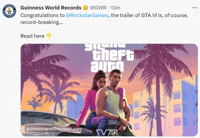 还未上线就成顶流！《GTA6》预告获吉尼斯认证