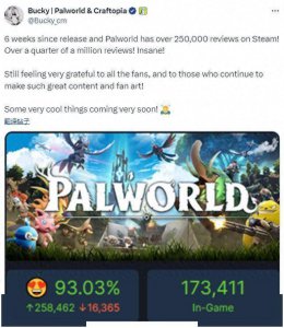 《幻兽帕鲁》Steam评论已超25万条 神秘内容即将推