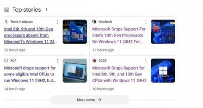 微软Win11 24H2正式停用英特尔第8至10代处理器 但不